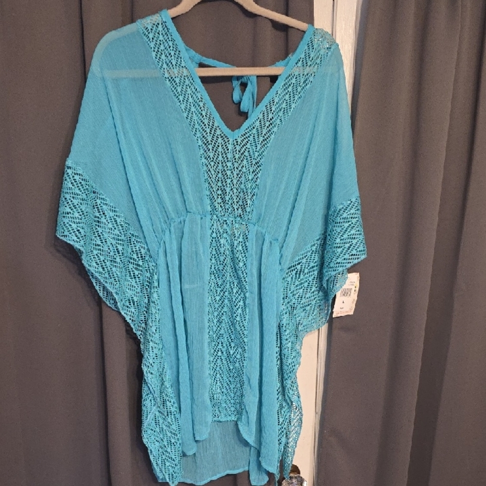 NWT‎ Miken Swim Women's Coverup Aqua Sheer Gauzy Fringed Tie Beach Sz L